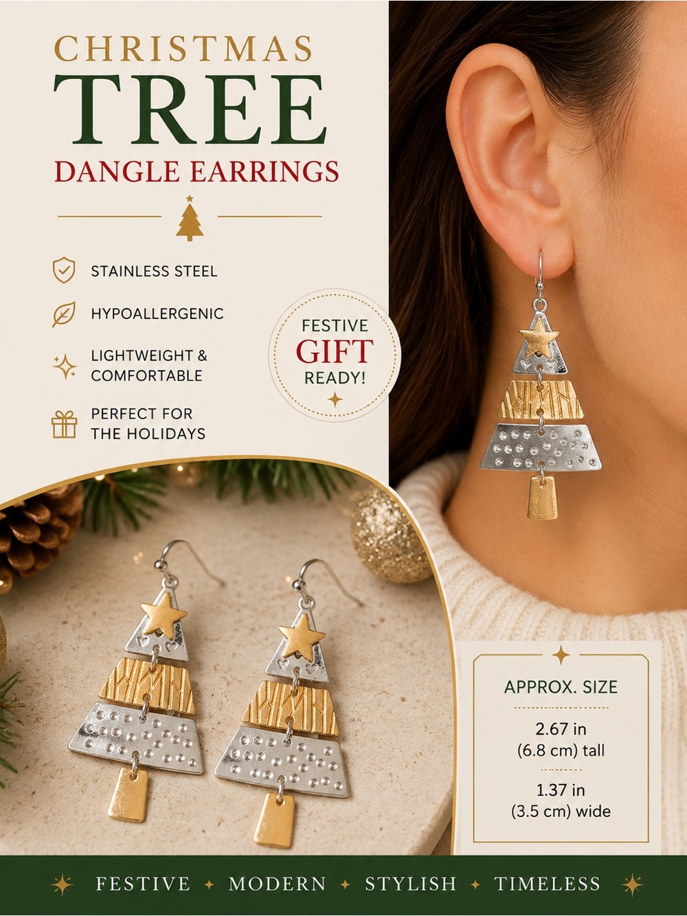 Two Tone Christmas Tree Dangle Earrings in Gold and Silver Stainless Steel - New - Picture 1 of 3